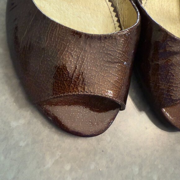 Gianni Bini Brown Crackled Leather Peep Toe Slingback Wedges – Size 9M - Picture 12 of 12
